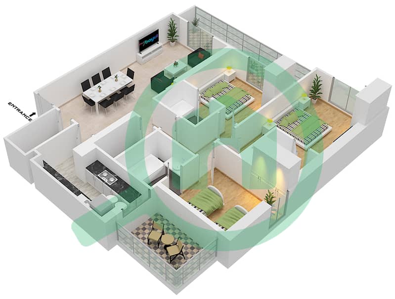 达马克佳丽雅塔楼 - 3 卧室公寓单位10 FLOOR 6-25戶型图 Floor 6-25 interactive3D