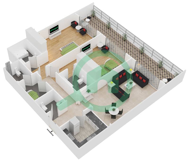 المخططات الطابقية لتصميم النموذج A شقة 2 غرفة نوم - سيزونز كوميونيتي interactive3D