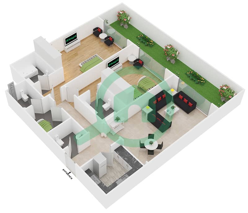 المخططات الطابقية لتصميم النموذج B شقة 2 غرفة نوم - سيزونز كوميونيتي interactive3D