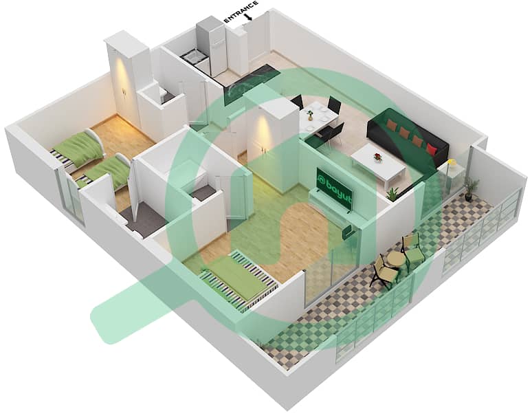 المخططات الطابقية لتصميم الوحدة 1 شقة 2 غرفة نوم - داماك غالية Floor 6-25,27-38 interactive3D