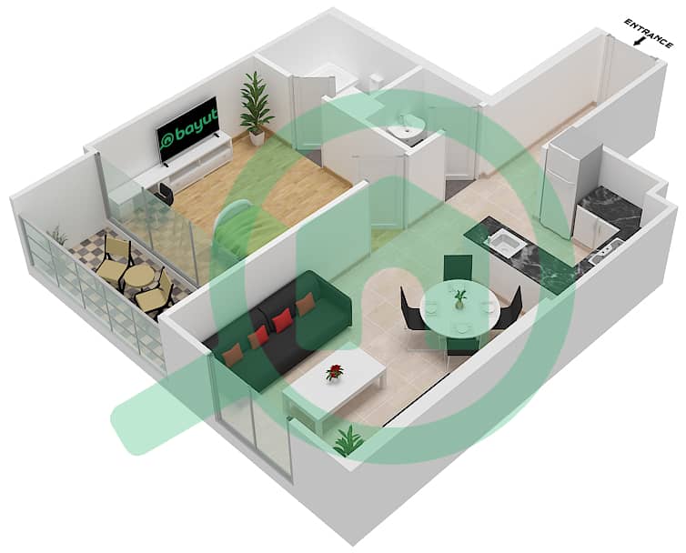 DAMAC Ghalia - 1 Bedroom Apartment Unit 6 Floor plan Floor 6-25,27-38 interactive3D