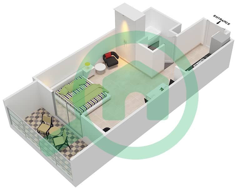 DAMAC Ghalia - Studio Apartment Unit 8 Floor plan Floor 6-25,27-38 interactive3D