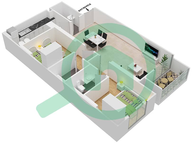 المخططات الطابقية لتصميم الوحدة 10 شقة 2 غرفة نوم - داماك غالية Floor 27-38 interactive3D