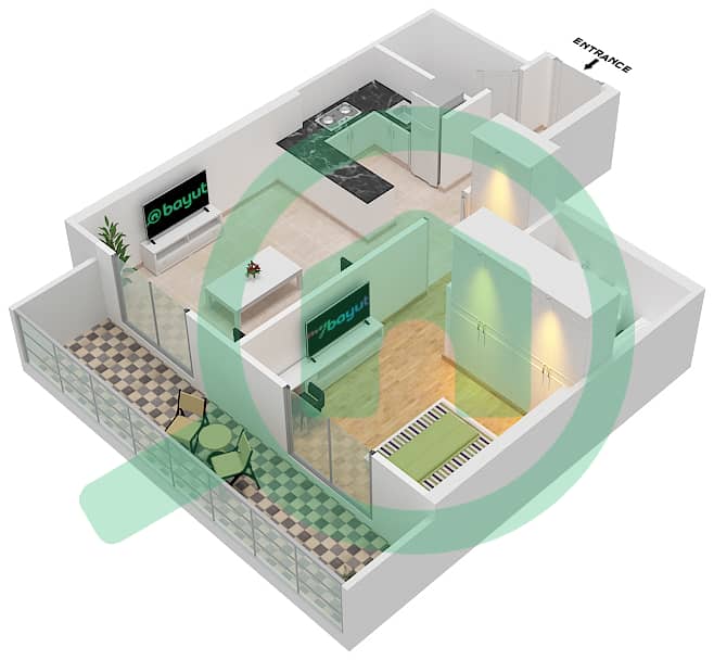 المخططات الطابقية لتصميم الوحدة 14 شقة 1 غرفة نوم - داماك غالية Floor 27-38 interactive3D