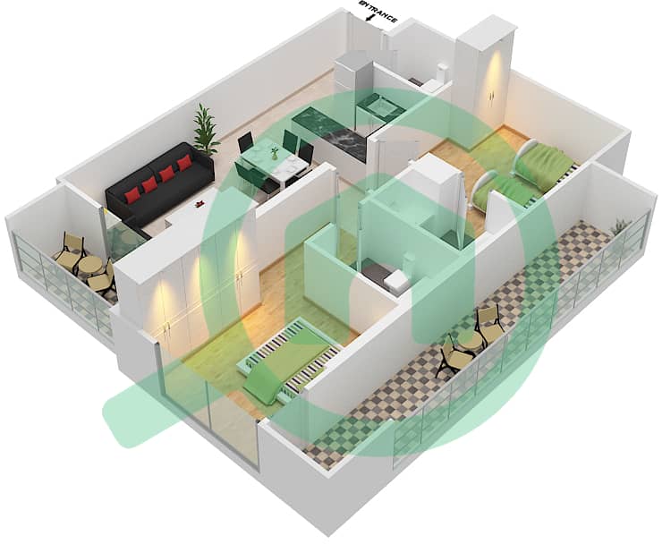 DAMAC Ghalia - 2 Bedroom Apartment Unit 21 Floor plan Floor 6-25,274-38 interactive3D