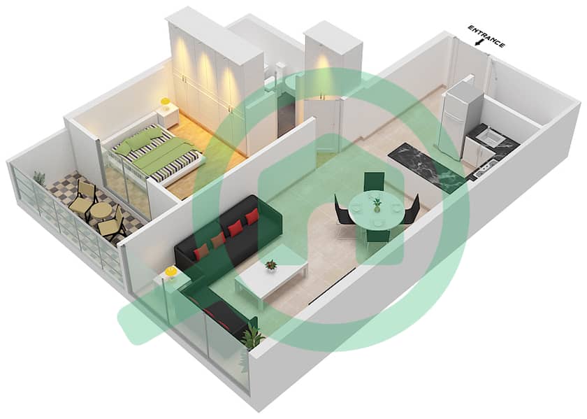 达马克佳丽雅塔楼 - 1 卧室公寓单位15戶型图 Floor 27-38 interactive3D
