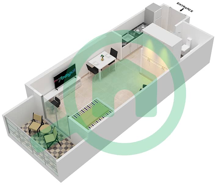 DAMAC Ghalia - Studio Apartment Unit 16 Floor plan Floor 27-38 interactive3D