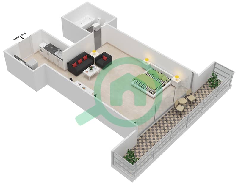 المخططات الطابقية لتصميم النموذج D2 شقة استوديو - سيليكون هايتس 1 interactive3D