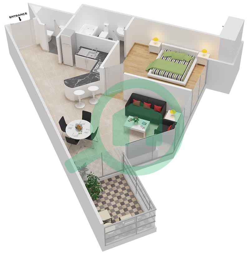 المخططات الطابقية لتصميم النموذج E شقة 1 غرفة نوم - سيليكون هايتس 1 interactive3D