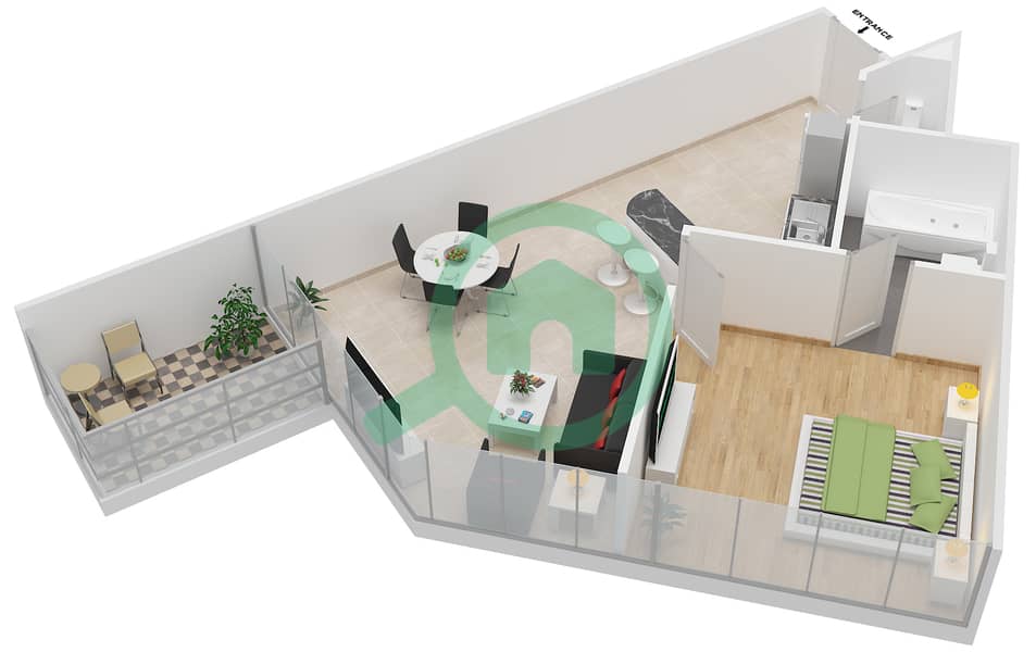 المخططات الطابقية لتصميم النموذج E2 شقة 1 غرفة نوم - سيليكون هايتس 1 interactive3D