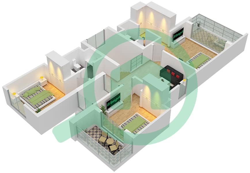 المخططات الطابقية لتصميم الوحدة 3 فیلا 4 غرف نوم - جولف لينكس First Floor interactive3D