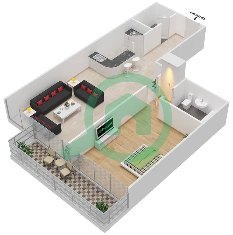 المخططات الطابقية لتصميم النموذج G شقة 1 غرفة نوم - سيليكون هايتس 1 interactive3D