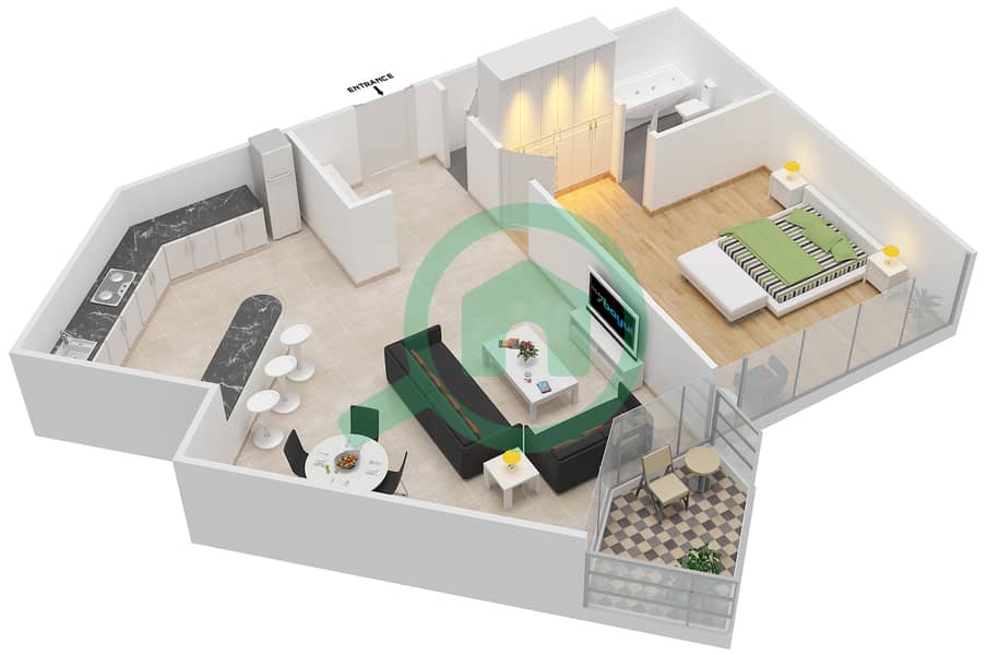 Силикон Хайтс 1 - Апартамент 1 Спальня планировка Тип F interactive3D