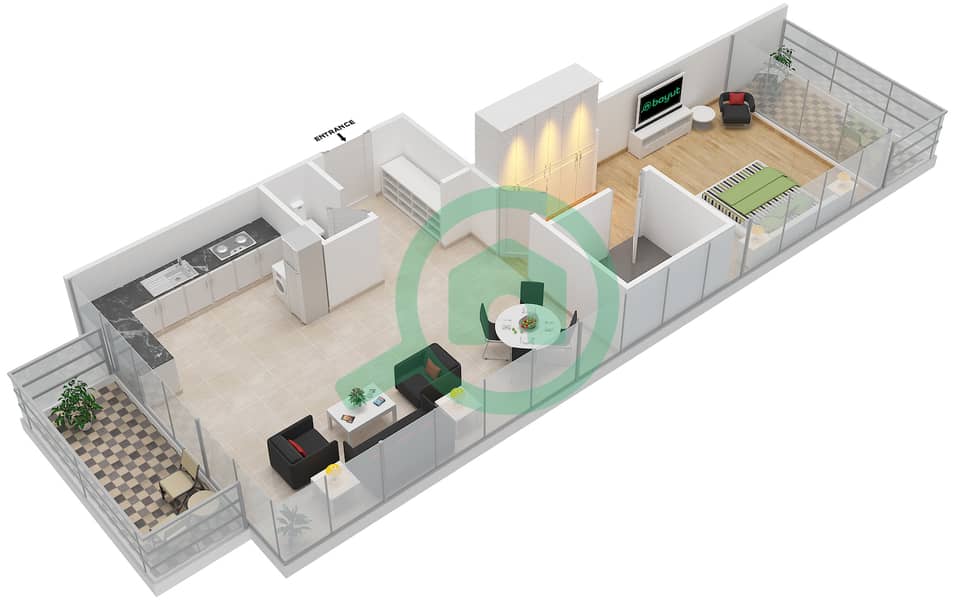 المخططات الطابقية لتصميم النموذج H2 شقة 1 غرفة نوم - سيليكون هايتس 1 interactive3D