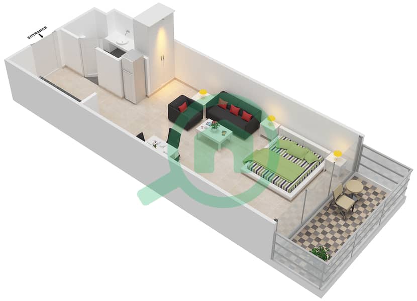 المخططات الطابقية لتصميم النموذج A شقة استوديو - سيليكون هايتس 1 interactive3D