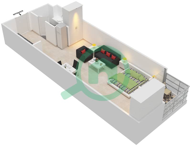 المخططات الطابقية لتصميم النموذج B شقة استوديو - سيليكون هايتس 1 interactive3D