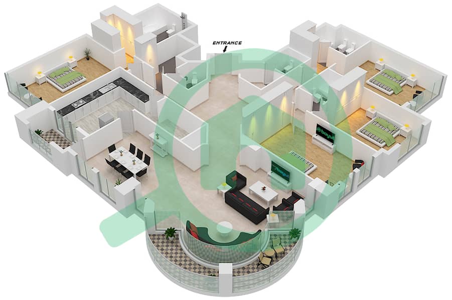 Марина Краун - Апартамент 4 Cпальни планировка Тип A interactive3D
