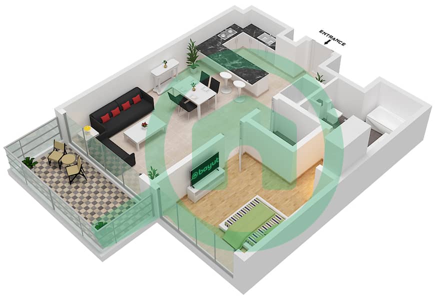 المخططات الطابقية لتصميم النموذج T1C شقة 1 غرفة نوم - مايان 3 interactive3D