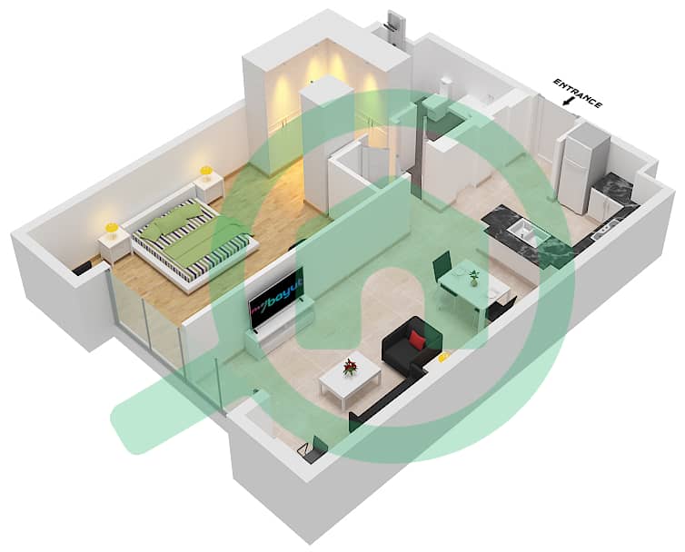 المخططات الطابقية لتصميم النموذج 1-2 شقة 1 غرفة نوم - بلجرافيا interactive3D