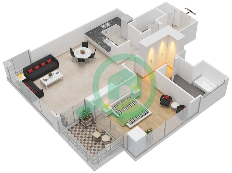 المخططات الطابقية لتصميم الوحدة 3 شقة 1 غرفة نوم - مساكن خور دبي 2 شمال Floor 4-15,17-32 interactive3D