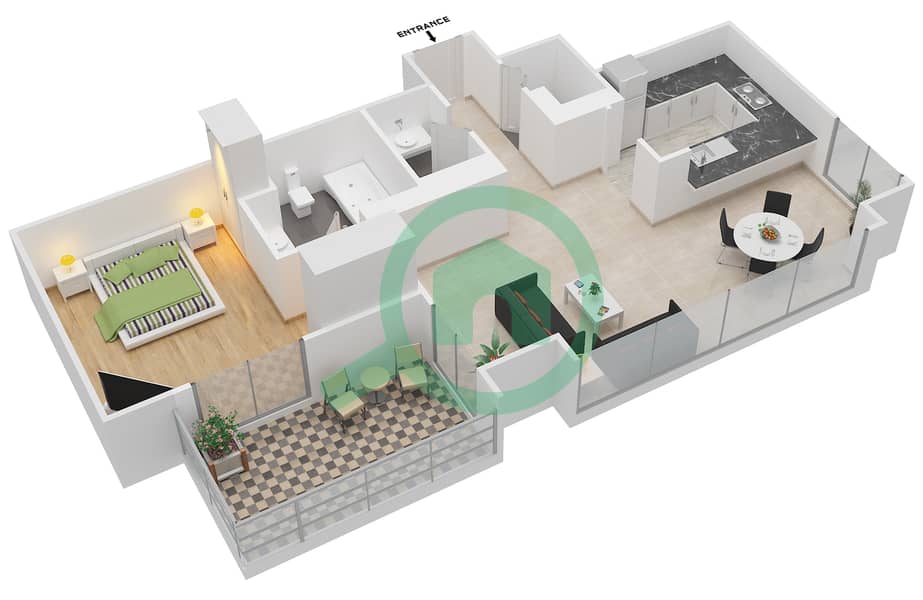 المخططات الطابقية لتصميم الوحدة 4/FLOOR 3-15,17-32 شقة 1 غرفة نوم - مساكن خور دبي 2 شمال Floor 3-15,17-32 interactive3D