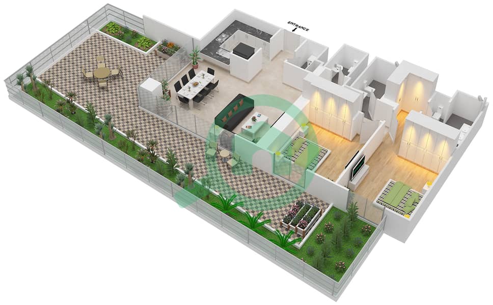 المخططات الطابقية لتصميم الوحدة 2/FLOOR 3 شقة 2 غرفة نوم - مساكن خور دبي 2 شمال Floor 3 interactive3D