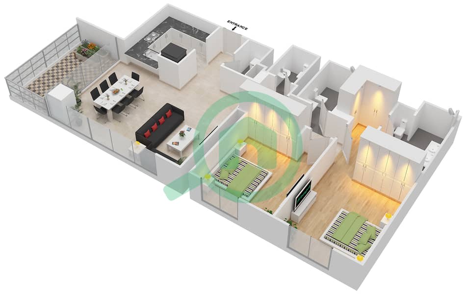 المخططات الطابقية لتصميم الوحدة 2/FLOOR 4-15,17-32 شقة 2 غرفة نوم - مساكن خور دبي 2 شمال Floor 4-15,17-32 interactive3D