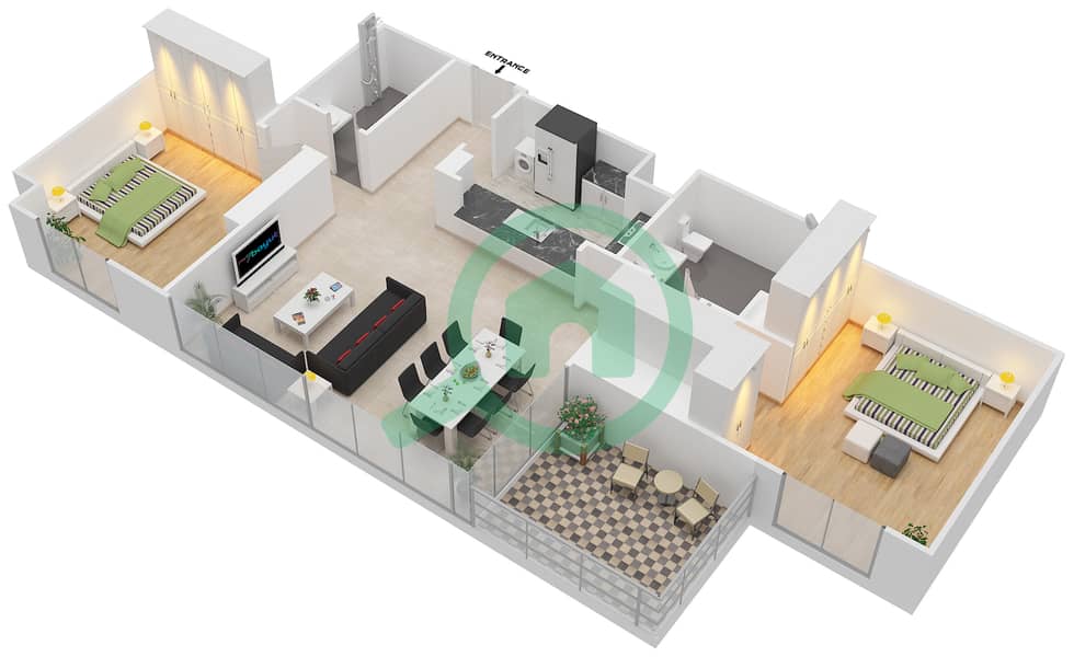 المخططات الطابقية لتصميم الوحدة 5/FLOOR 4-15,17-32 شقة 2 غرفة نوم - مساكن خور دبي 2 شمال Floor 4-15,17-32 interactive3D