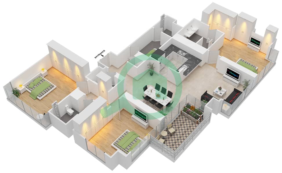 迪拜溪畔公寓2号北大厦 - 3 卧室公寓单位1/FLOOR 4-5,7-15,17-25,27戶型图 Floor 4-5,7-15,17-25,27-32 interactive3D