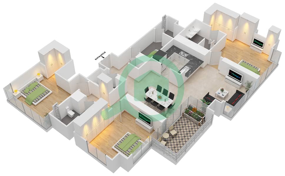 Дубай Крик Резиденс Тауэр 2 Север - Апартамент 3 Cпальни планировка Единица измерения 1 FLOOR 6,26 Floor 6,26 interactive3D
