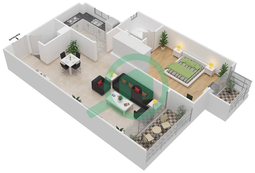 المخططات الطابقية لتصميم النموذج AB شقة 1 غرفة نوم - توباز ريزيدنس interactive3D