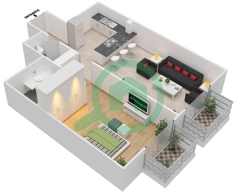 المخططات الطابقية لتصميم النموذج AC شقة 1 غرفة نوم - توباز ريزيدنس interactive3D