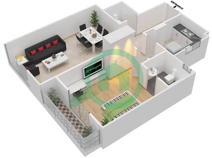 المخططات الطابقية لتصميم النموذج AD شقة 1 غرفة نوم - توباز ريزيدنس interactive3D