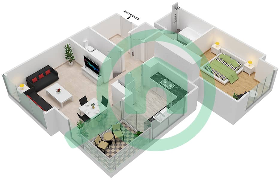 المخططات الطابقية لتصميم النموذج / الوحدة 5/5 شقة 1 غرفة نوم - برج بلفيو 2 Floor 2-20 interactive3D