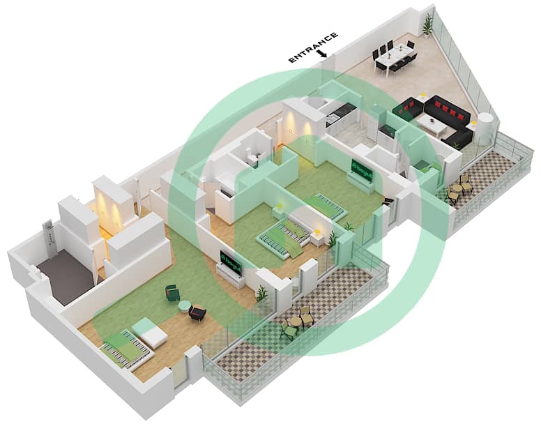 Мамша Аль Саадият - Апартамент 3 Cпальни планировка Тип 3BR-A interactive3D