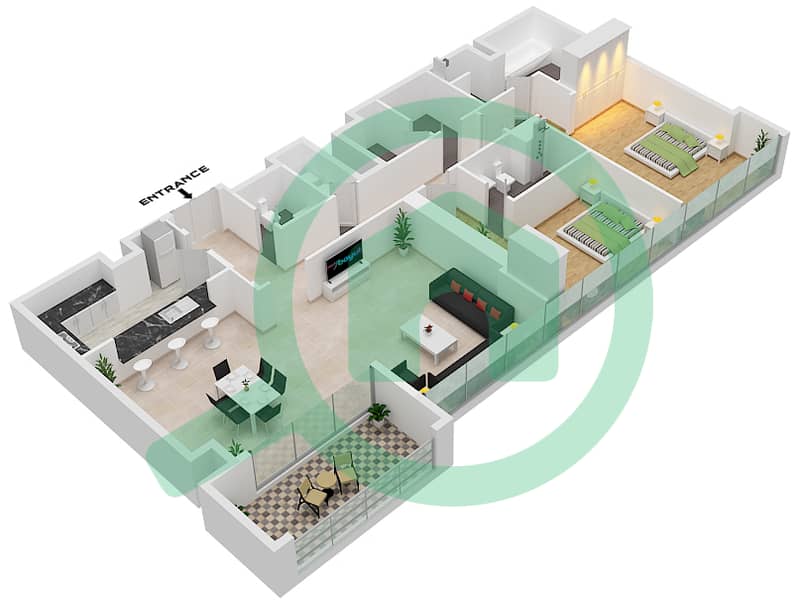 Аль Батин Тауэрс - Апартамент 2 Cпальни планировка Единица измерения 3702 interactive3D
