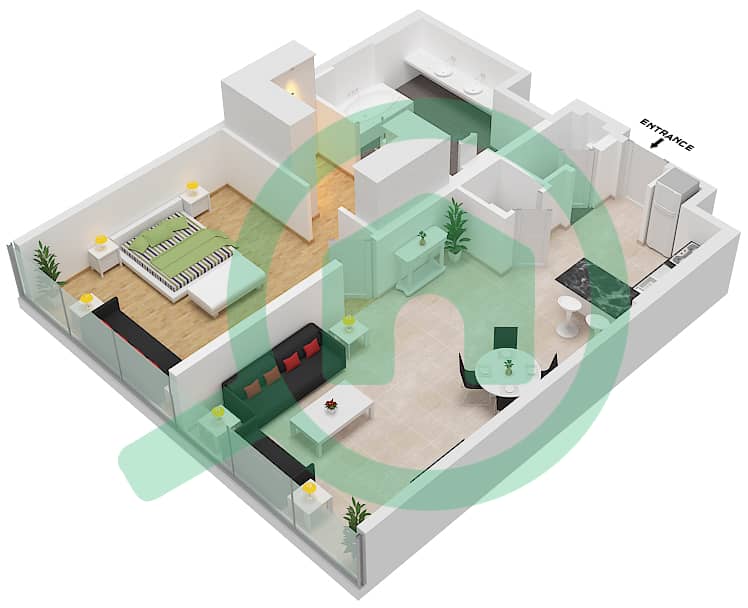 المخططات الطابقية لتصميم النموذج E شقة 1 غرفة نوم - برج النخلة interactive3D