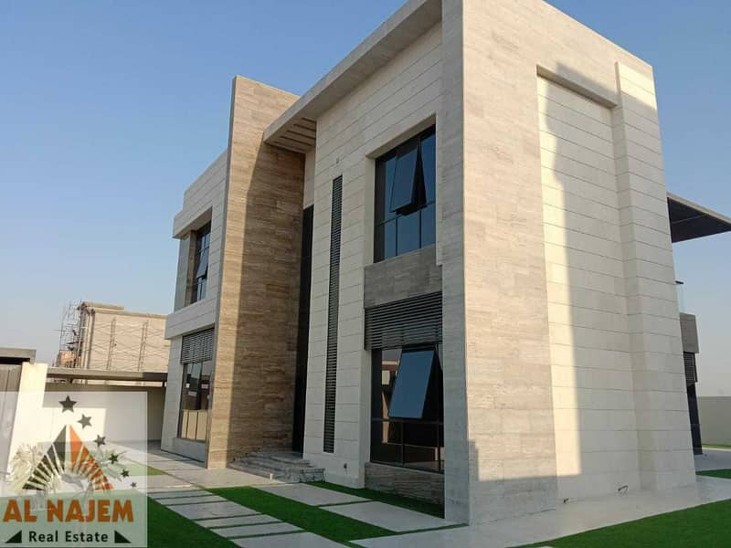 For sale, a modern villa, European design, on the main street, with electricity, water, and central air conditioning in Al Hoshi area in Sharjah, with