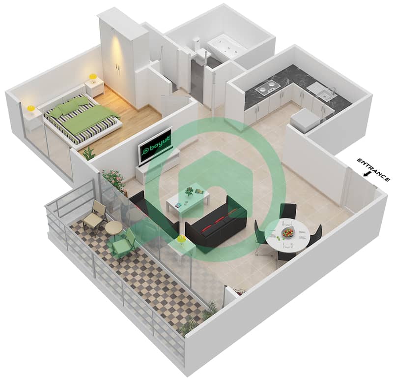 海港景观1号大楼 - 1 卧室公寓单位9戶型图 Floor 4-23 interactive3D