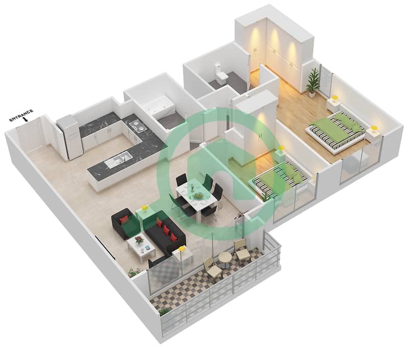 المخططات الطابقية لتصميم الوحدة 7 شقة 2 غرفة نوم - هاربور فيوز 1 Floor 4-23 interactive3D