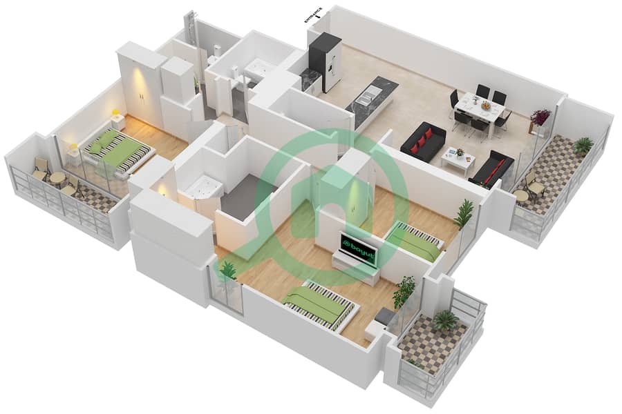 المخططات الطابقية لتصميم الوحدة 1 شقة 3 غرف نوم - هاربور فيوز 1 Floor 25-45 interactive3D