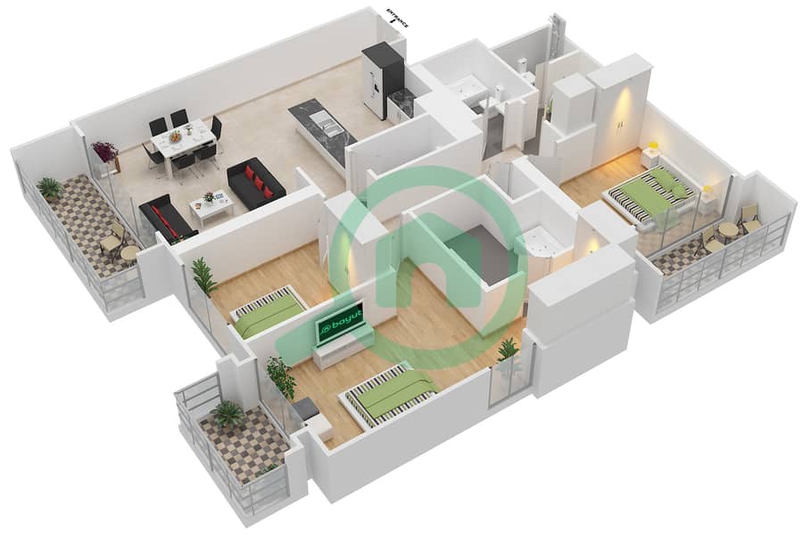 Харбор Вьюс 1 - Апартамент 3 Cпальни планировка Единица измерения 2 Floor 25-45 interactive3D