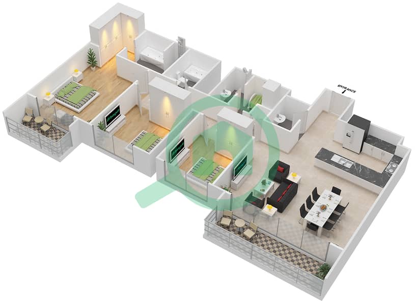 Харбор Вьюс 1 - Апартамент 3 Cпальни планировка Единица измерения 3 Floor 25-45 interactive3D