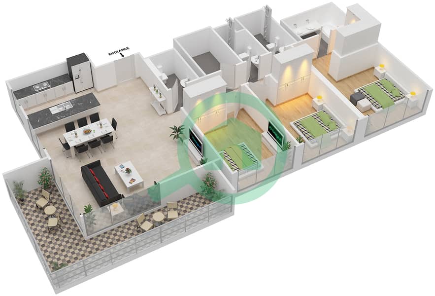 المخططات الطابقية لتصميم الوحدة 3 GROUND FLOOR, 1-19 شقة 3 غرف نوم - ذي كوف Unit 3 Ground Floor, 1-19 interactive3D