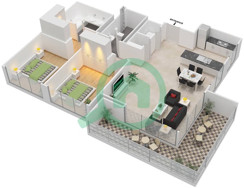 المخططات الطابقية لتصميم الوحدة 1 FLOOR 10 شقة 2 غرفة نوم - ذي كوف Unit 1 Floor 10 interactive3D