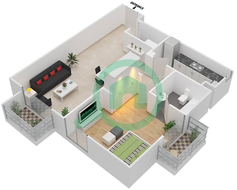 المخططات الطابقية لتصميم النموذج N شقة 1 غرفة نوم - توباز ريزيدنس interactive3D