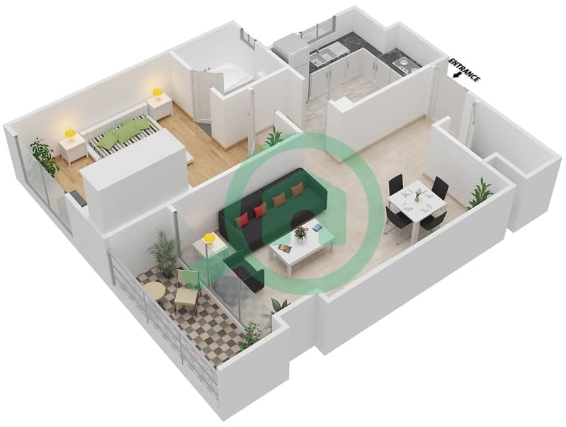 المخططات الطابقية لتصميم النموذج Q شقة 1 غرفة نوم - توباز ريزيدنس interactive3D