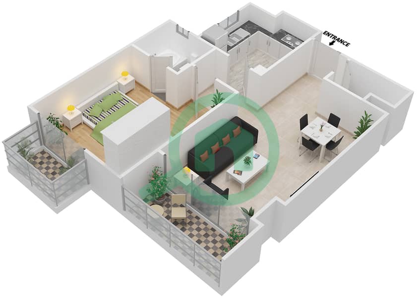 المخططات الطابقية لتصميم النموذج AE شقة 1 غرفة نوم - توباز ريزيدنس interactive3D