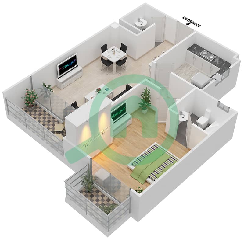 المخططات الطابقية لتصميم النموذج AF شقة 1 غرفة نوم - توباز ريزيدنس interactive3D