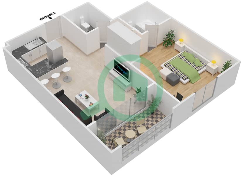 المخططات الطابقية لتصميم النموذج AG شقة 1 غرفة نوم - توباز ريزيدنس interactive3D